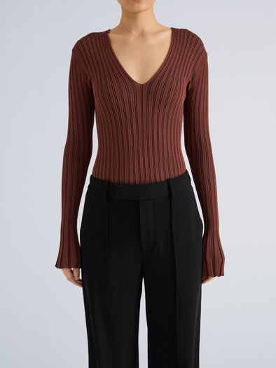 Proenza Schouler Detail image of model wearing Roux Top in Viscose Silk Rib in Copper