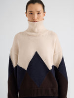 Proenza Schouler Detail image of model wearing Oren Intarsia Turtleneck in Cashmere Wool in Raisin Multi