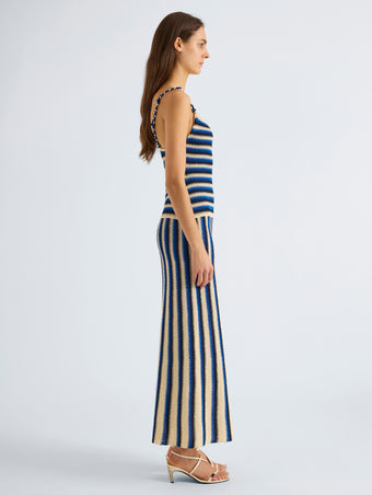Proenza Schouler Side full length image of model wearing Kara Dress in Striped Viscose in Azure Multi