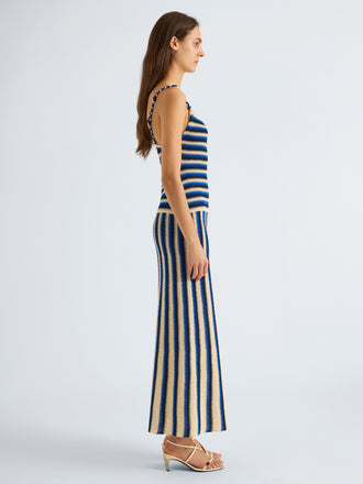 Proenza Schouler Side full length image of model wearing Kara Dress in Striped Viscose in Azure Multi