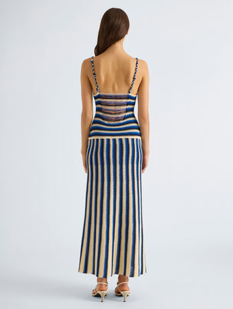 Proenza Schouler Back full length image of model wearing Kara Dress in Striped Viscose in Azure Multi