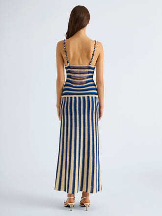 Proenza Schouler Back full length image of model wearing Kara Dress in Striped Viscose in Azure Multi