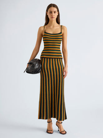 Proenza Schouler Front full length image of model wearing Kara Dress in Striped Viscose in Tangerine Multi