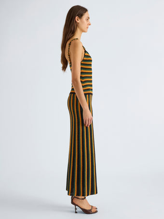 Proenza Schouler Side full length image of model wearing Kara Dress in Striped Viscose in Tangerine Multi