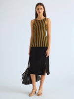 Proenza Schouler Front full length image of model wearing Carol Top in Striped Viscose in Tangerine Multi