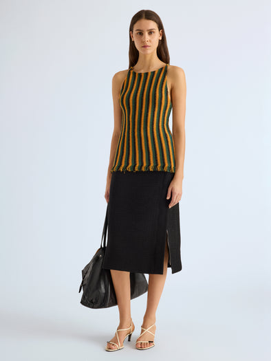 Proenza Schouler Front full length image of model wearing Carol Top in Striped Viscose in Tangerine Multi