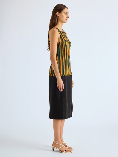 Proenza Schouler Side full length image of model wearing Carol Top in Striped Viscose in Tangerine Multi