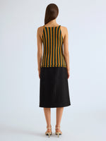 Proenza Schouler Back full length image of model wearing Carol Top in Striped Viscose in Tangerine Multi
