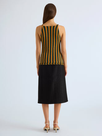 Proenza Schouler Back full length image of model wearing Carol Top in Striped Viscose in Tangerine Multi