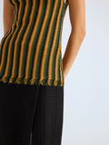 Proenza Schouler Detail image of model wearing Carol Top in Striped Viscose in Tangerine Multi