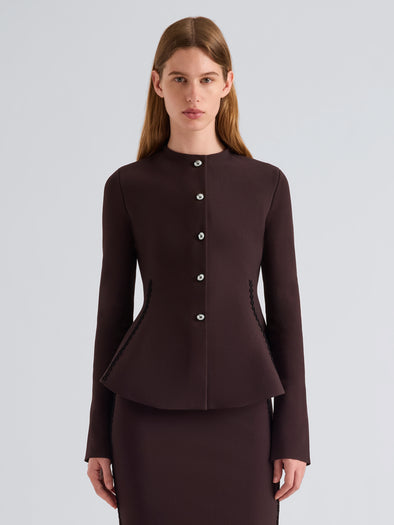 Proenza Schouler Front cropped image of model wearing Dasha Jacket in Compact Viscose in Coffee