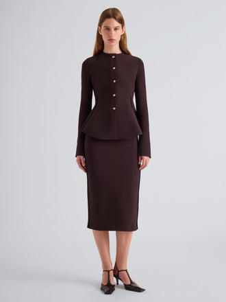 Proenza Schouler Front full length image of model wearing Dasha Jacket in Compact Viscose in Coffee
