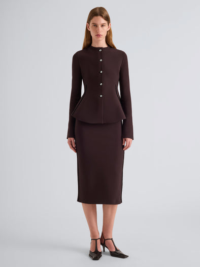 Proenza Schouler Front full length image of model wearing Dasha Jacket in Compact Viscose in Coffee