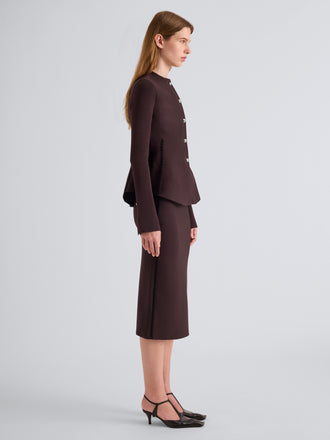 Proenza Schouler Side full length image of model wearing Dasha Jacket in Compact Viscose in Coffee