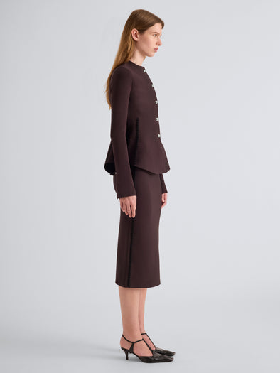 Proenza Schouler Side full length image of model wearing Dasha Jacket in Compact Viscose in Coffee