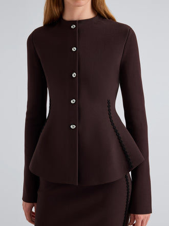 Proenza Schouler Detail image of model wearing Dasha Jacket in Compact Viscose in Coffee