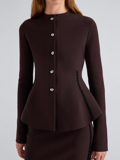 Proenza Schouler Detail image of model wearing Dasha Jacket in Compact Viscose in Coffee