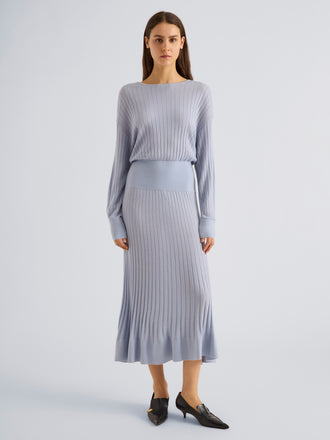 Proenza Schouler Front full length image of model wearing Talia Dress in Lightweight Merino in Powder Blue