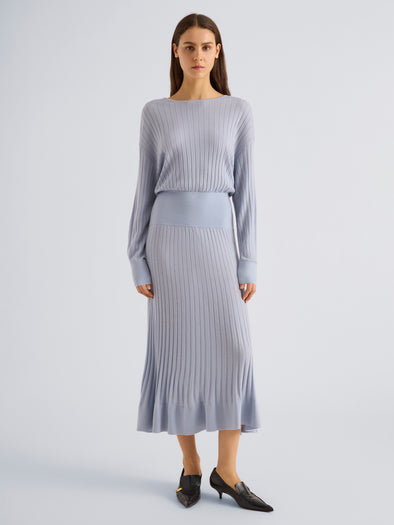Proenza Schouler Front full length image of model wearing Talia Dress in Lightweight Merino in Powder Blue