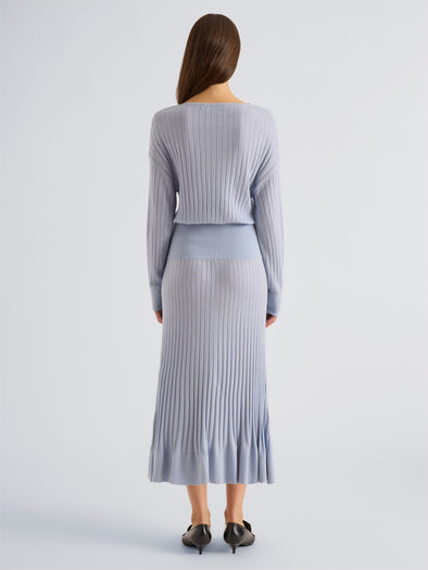 Proenza Schouler Back full length image of model wearing Talia Dress in Lightweight Merino in Powder Blue