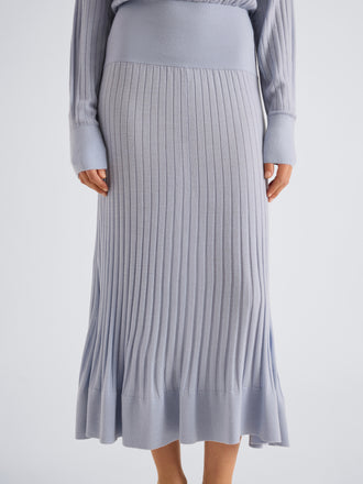 Proenza Schouler Detail image of model wearing Talia Dress in Lightweight Merino in Powder Blue