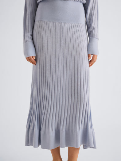 Proenza Schouler Detail image of model wearing Talia Dress in Lightweight Merino in Powder Blue
