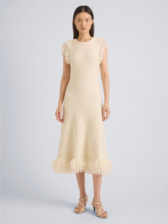 Proenza Schouler Front full length image of model wearing Frida Dress in Wool Boucle in Off White