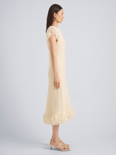 Proenza Schouler Side full length image of model wearing Frida Dress in Wool Boucle in Off White