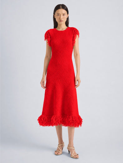 Proenza Schouler Front full length image of model wearing Frida Dress in Wool Boucle in Poppy