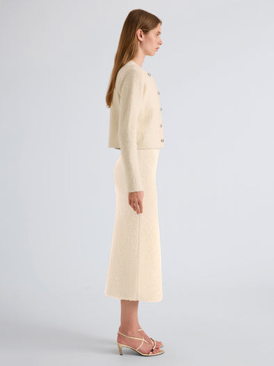 Proenza Schouler Side full length image of model wearing Frida Cardigan in Wool Boucle in Off White