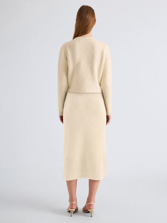 Proenza Schouler Back full length image of model wearing Frida Cardigan in Wool Boucle in Off White