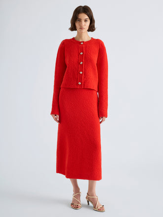 Proenza Schouler Front full length image of model wearing Frida Cardigan in Wool Boucle in Poppy