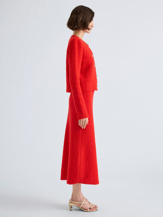 Proenza Schouler Side full length image of model wearing Frida Cardigan in Wool Boucle in Poppy