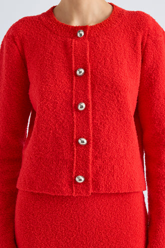 Proenza Schouler Detail image of model wearing Frida Cardigan in Wool Boucle in Poppy
