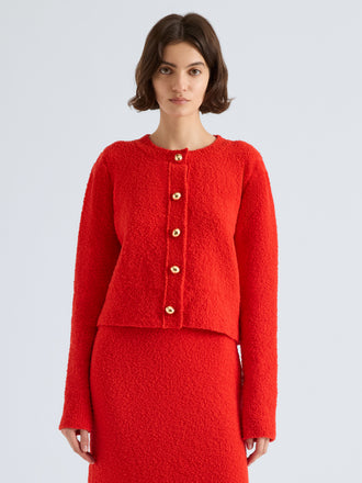 Proenza Schouler Front cropped image of model wearing Frida Cardigan in Wool Boucle in Poppy