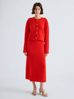 Proenza Schouler Front full length image of model wearing Frida Cardigan in Wool Boucle in Poppy