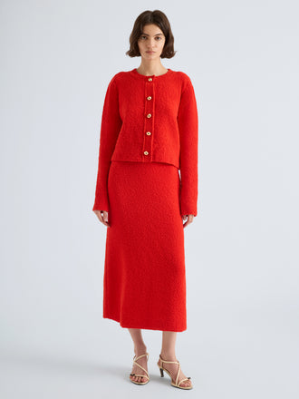 Proenza Schouler Front full length image of model wearing Frida Cardigan in Wool Boucle in Poppy