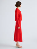 Proenza Schouler Side full length image of model wearing Frida Cardigan in Wool Boucle in Poppy