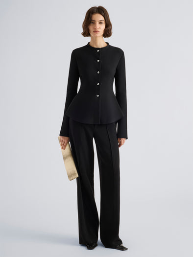 Proenza Schouler Front full length image of model wearing Dasha Jacket in Compact Viscose in Black