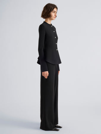 Proenza Schouler Side full length image of model wearing Dasha Jacket in Compact Viscose in Black