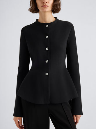 Proenza Schouler Detail image of model wearing Dasha Jacket in Compact Viscose in Black