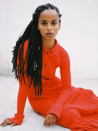 Proenza Schouler Campaign image of Rosario Dress in Textured Merino Wool 