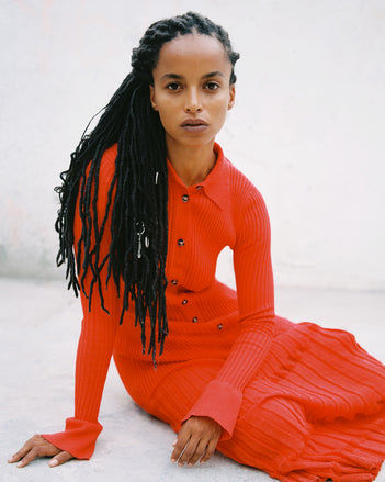 Proenza Schouler Campaign image of Rosario Dress in Textured Merino Wool 