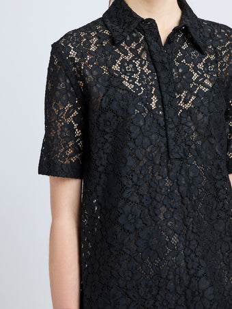 Proenza Schouler detail image of model wearing Rainer Dress in Stretch Lace in black