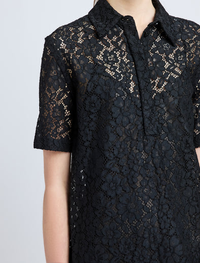 Proenza Schouler detail image of model wearing Rainer Dress in Stretch Lace in black