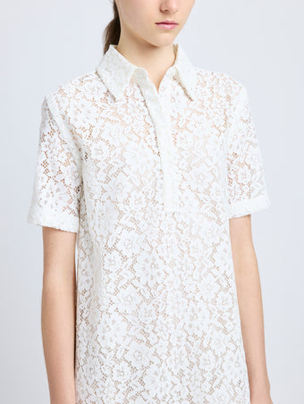 Proenza Schouler detail image of model wearing Rainer Dress in Stretch Lace in off white
