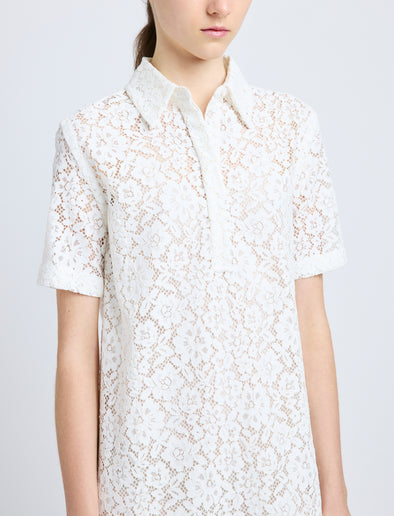 Proenza Schouler detail image of model wearing Rainer Dress in Stretch Lace in off white