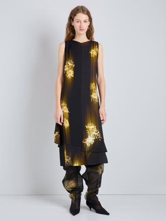 Proenza Schouler Full Length Image of model wearing Rhetta Dress in Printed Viscose Cady in Black Multi