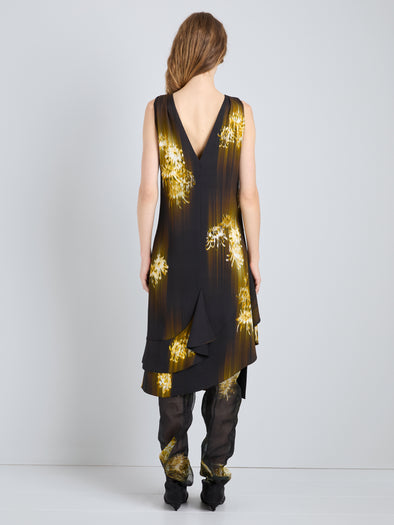 Proenza Schouler Full Length Back Image of model wearing Rhetta Dress in Printed Viscose Cady in Black Multi