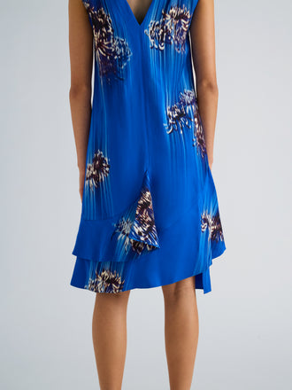 Proenza Schouler detail image of model wearing Rhetta Dress in Printed Viscose Cady in Cerulean Multi
